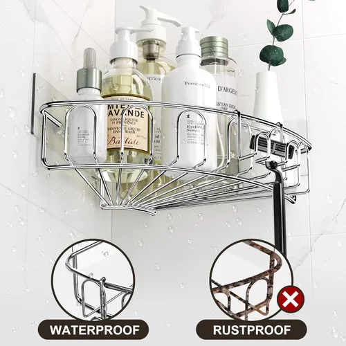Miniatura 4 de Orimade Estante de ducha de esquina de acero inoxidable con ganchos, estante de baño montado en la pared, organizador de almacenamiento adhesivo