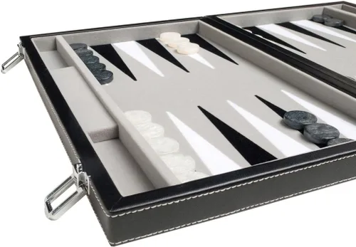Miniatura 2 de Juego de backgammon de viaje, cuero sintético, campo de juego de terciopelo, 15 pulgadas, negro/gris