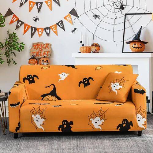 Miniatura 7 de Mybedsoul Funda de sofá con estampado de Halloween, funda elástica de fantasma, lavable a máquina, temática de Halloween, funda negra para sofá