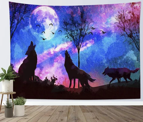 HVEST Tapiz de lobo púrpura azul psicodélico cielo estrellado tapices luna y montañas paisaje natural para colgar en la pared para dormitorio, sala