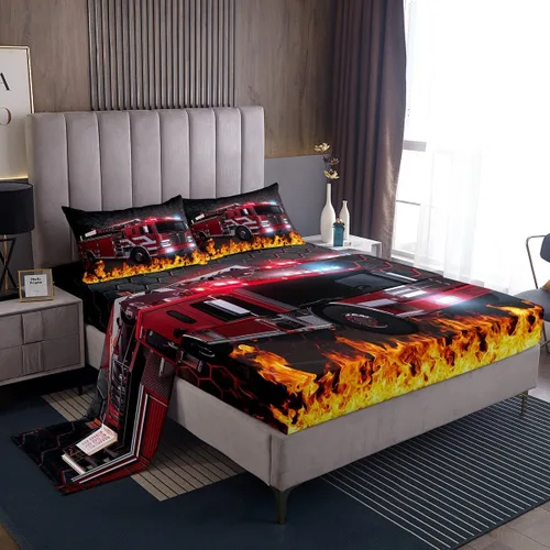 Miniatura 24 de Erosebridal Juego de sábanas y fundas de almohada para niños, diseño de camión de bomberos, color rojo, brillante, para maquinaria, camiones