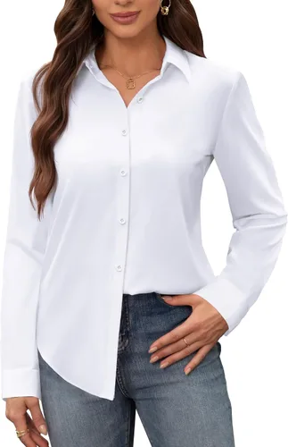 Miniatura 36 de Siliteelon - Camisas de vestir para mujer, a prueba de manchas, sin arrugas, de manga larga, sólidas, para trabajo y negocios, con botones