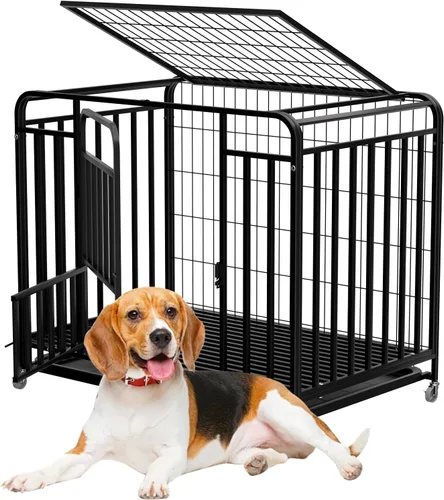 38'' Extra Large Dog Crate Indestructible Double Door, Heavy Duty Escape-Proof Easy Clean Dog Crate for Anxiety Dogs, Lockable Wheels Dog Kennel for