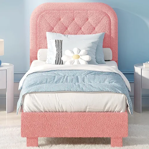 Miniatura 20 de VINGLI Base de cama individual para niños, cama de plataforma tapizada Boucle con cabecera ajustable, soporte de listones de madera resistente, cama