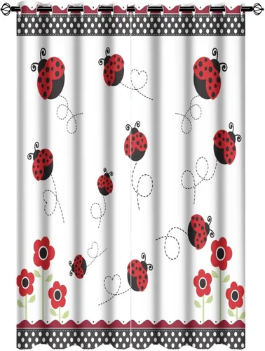 Miniatura 35 de Cortinas opacas de estilo japonés de mariquita de dibujos animados, diseño de eucalipto de mariquita roja y negra, juego de tratamiento de ventana