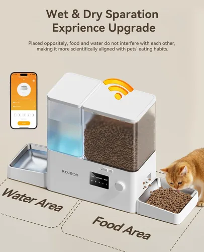 Miniatura 3 de Rojeco Comedero automático para gatos de 36 tazas/8.5L con WiFi y dispensador de agua por gravedad, tazones de acero inoxidable 2 en 1 de gran Blanco