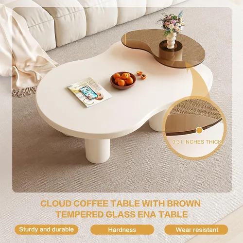 Miniatura 2 de Juego de 2 mesas de centro anidables modernas, con forma de nube irregular, color blanco crema, mesas centrales que ahorran espacio para sala