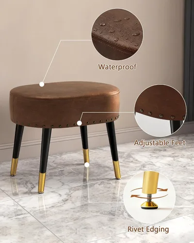 Miniatura 6 de LITZFUR Taburete de tocador para maquillaje, reposapiés ovalado de piel sintética, banco otomano con remaches vintage con patas de metal, taburete