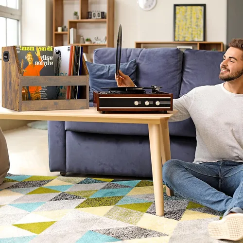 Miniatura 6 de YMYNY Soporte para almacenamiento de discos, caja de vinilo con asa, estante de libros, organizador de escritorio trapezoidal LP para carpetas