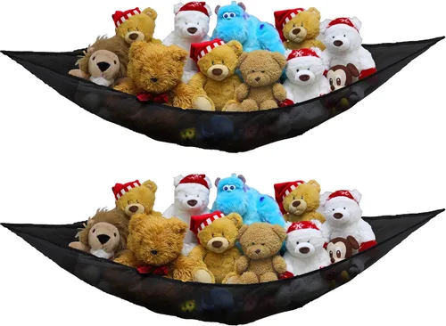 Simple Houseware Paquete de 2 Redes Hamaca para Animales de Peluche, Almacenamiento de Pared en Esquina para Habitación de Niños, Negro
