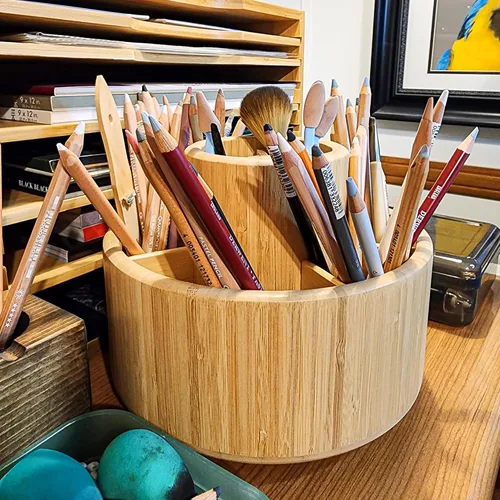 Miniatura 3 de VaeFae Organizador de bambú para bolígrafos, organizador de suministros de arte giratorio de 360°, almacenamiento de escritorio para rotuladores