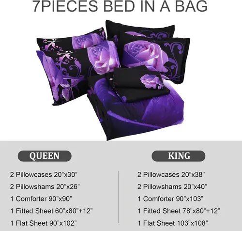 Miniatura 7 de Xruibed Juego de edredón floral tamaño King de 7 piezas en una bolsa, edredón de flores de rosas moradas con juego de sábanas de microfibra suave