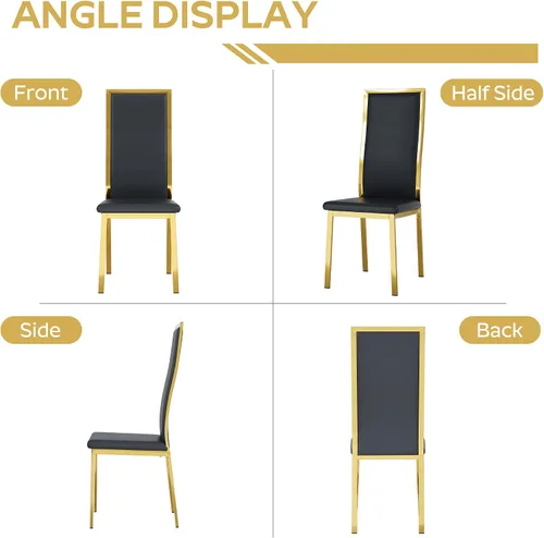 Miniatura 9 de Juego de mesa de comedor de cristal dorado moderno de 63 pulgadas para 6, juego de mesa de cocina rectangular de 7 piezas con patas de acero Negro