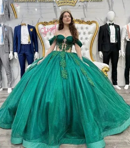 Miniatura 3 de Mouccy Brillantes con cuentas dulces 15 16 vestidos fuera del hombro encaje quinceañera vestidos de tul hinchado vestido de baile de graduación