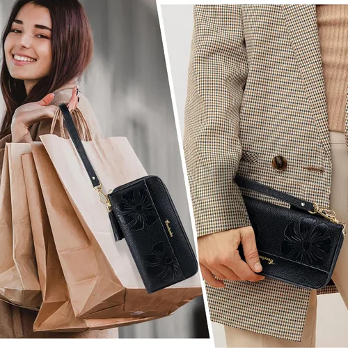 Miniatura 7 de Travelambo Cartera con borla plegable para mujer, bolso de mano con correa para la muñeca, bolso largo