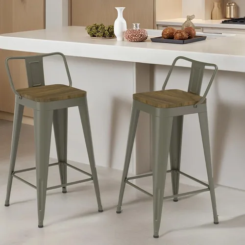 Miniatura 21 de Juego de 4 taburetes de bar de metal, taburetes de bar con respaldo alto con asiento de madera, taburetes de bar negros de 24 pulgadas para isla