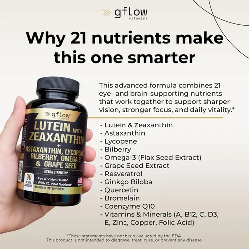 Miniatura 3 de gflow vitamins Suplementos de luteína y zeaxantina, vitaminas avanzadas para los ojos con astaxantina, Omega 3, resveratrol, arándano, licopeno