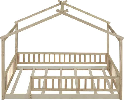 Miniatura 4 de RUNNA Marco de cama de madera de tamaño matrimonial con valla, para niños, adolescentes, niñas, niños, (Natural-Thinck 4col)