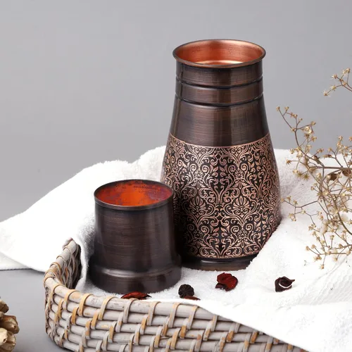 Miniatura 5 de Jarra de noche de cobre puro para beneficios de salud ayurveda, capacidad - 1 litro (33.81 onzas líquidas de EE. UU.) (patrón floral)