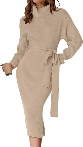 Miniatura 22 de ZESICA - Vestido por debajo de la rodilla de suéter, de cuello alto, para mujer, de manga larga, de punto acanalado, con abertura y cinturón