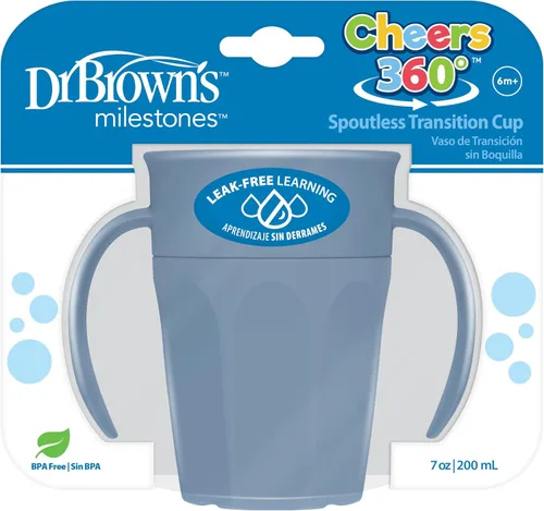 Dr. Brown's Milestones Cheers - Vaso de transición sin boquilla de 360 tazas con asas para un fácil agarre y aprendizaje sin fugas, azul, 7 onzas, 6