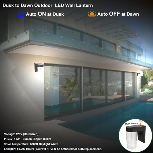 Miniatura 4 de LIT-PaTH Linterna de Pared para Exteriores del Atardecer al Amanecer, Luz LED Tipo Jelly Jar, 11W 800 Lúmenes, 3000K Blanco Cálido, Carcasa