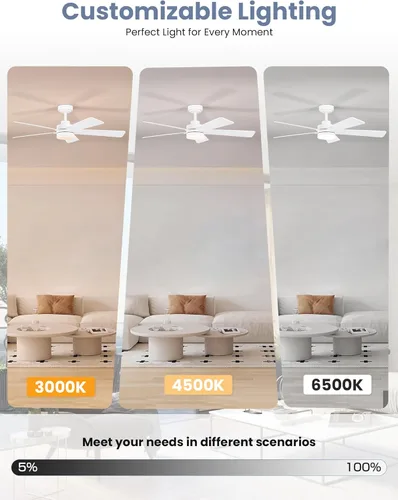 Miniatura 8 de Ventilador de techo de 48 pulgadas con luces y control remoto, montaje de varilla descendente, compatible con techo inclinado hasta 15°, motor CC