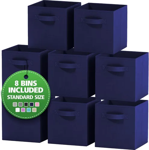 Miniatura 11 de Juego de 8 cubos de almacenamiento cestas plegables de tela con asas duales. Cubos de almacenamiento Organizador de estantes de armario Blanco