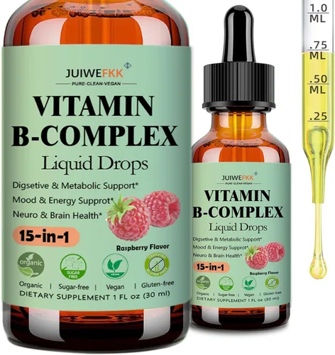 Gotas líquidas de complejo de vitamina B para mujeres, hombres y niños, complejo VIT B 15 en 1 con vitamina C B12 B6 B1 niacina folato magnesio para