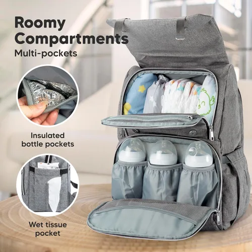 Miniatura 2 de KeaBabies Mochila para pañales para bebé con cambiador, bolsa de bebé impermeable para mamá y papá, bolsillos aislados para botellas, niños Gris