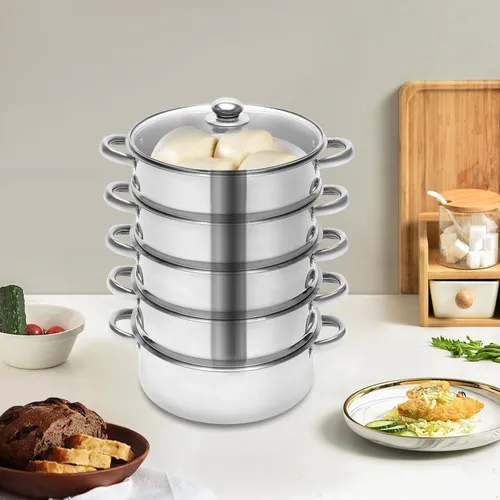 Miniatura 8 de Olla de vapor de 10.2 pulgadas/10.2 in de acero inoxidable de 5 niveles para cocinar alimentos utensilios de cocina para inducción de gas estufa