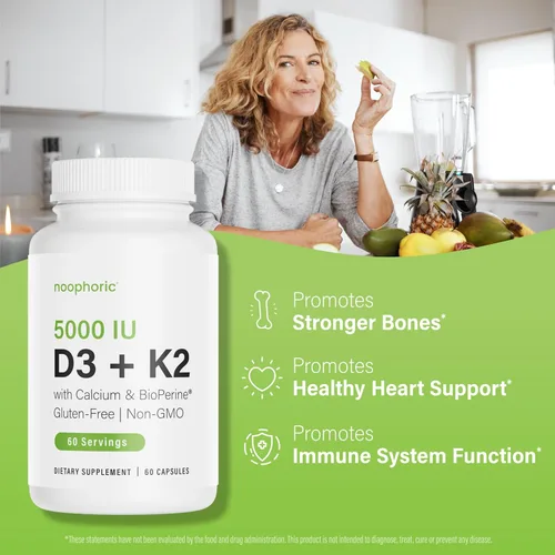 Miniatura 2 de Noophoric Vitamina D3 K2 5000 UI, D3 con K2 MK7, cápsulas de vitamina D3 K2 con calcio y bioperina, sin OMG, sin gluten, sin soja, 60 cápsulas