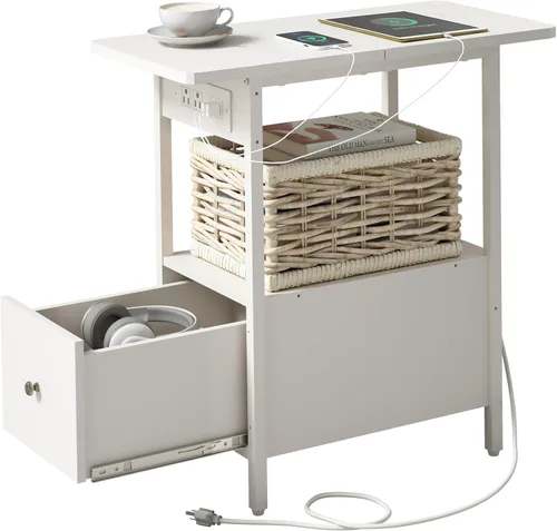 Miniatura 14 de LIDYUK Mesa auxiliar con estación de carga, mesa auxiliar estrecha con cajón, puertos USB y tomas de corriente, mesita de noche para espacios Negro