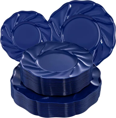 Miniatura 10 de Morejoy - 60 platos de plástico negro, platos desechables negros con borde dorado, placa dorada resistente, placa de diseño moderno de remolino que