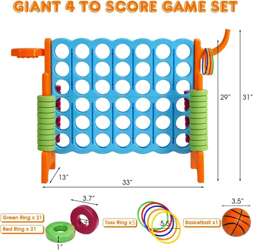 Miniatura 7 de KOTEK Juego gigante 4 en una fila, juego familiar jumbo de 4 en puntuación con deslizadores de liberación rápida, 42 anillos, lanzamiento de anillos