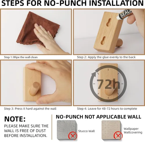Miniatura 5 de Paquete de 4 ganchos de madera para pared, de madera natural, ahorro de espacio, sin daños, adhesivos para entrada, dormitorio, puerta de cocina