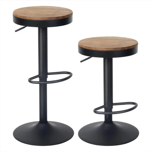 Miniatura 8 de Kidol & Shellder Juego de 2 taburetes de bar negros ajustables giratorios sin espalda, modernos y redondos de madera, sillas de barra de altura sin