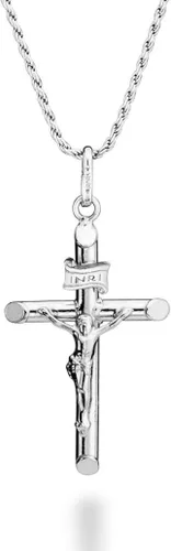 Miabella Rhodium Plated 925 Sterling Silver Small or Large Crucifix Cross Necklace for Men Women Cross Pendant with Rope Chain Made in Italy