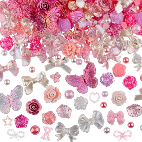 Miniatura 2 de 350 piezas de resina 3D ABS coloridos lazos de flores de rosas con parte trasera plana, cuentas de perlas semicirculares para pulseras, aretes