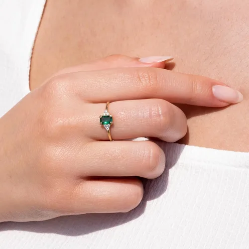 Miniatura 2 de Anillo de esmeralda de oro de 14 quilates Anillo de esmeralda y diamantes de oro macizo de 14 quilates para mujer Anillos apilables Anillo