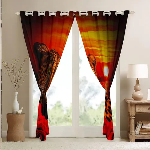 Miniatura 4 de Erosebridal Cortinas de Rosas Rojas 3D Tratamientos para Ventanas de Guepardo, Paneles de Cortinas con Estampado de Gato Leopardo para Sala