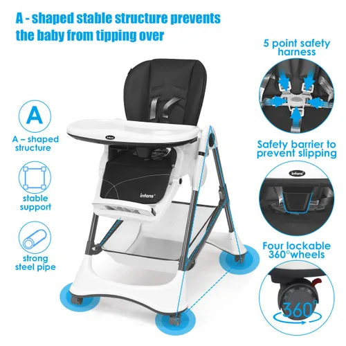 Miniatura 3 de INFANS Silla alta con bandeja extraíble con una sola mano, 4 ruedas bloqueables y cesta de almacenamiento grande, altura multiajustable, reclinable