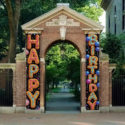 Miniatura 7 de Cartel decorativo de feliz cumpleaños de 12 x 71 pulgadas, bonito cartel colgante para puerta de cumpleaños, suministros de fiesta coloridos