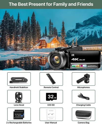 Miniatura 15 de Videocámara 4K 64MP para vlogging, cámara para YouTube, pantalla táctil de 3.0", zoom digital de 18 aumentos, visión nocturna IR con micrófono