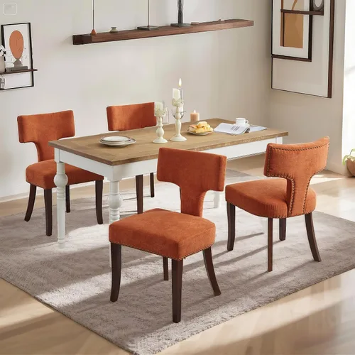 Miniatura 11 de SoarFlash Juego de 2 sillas de comedor modernas de madera, silla tapizada de tela de lino de granja, respaldo curvado con clavos de cobre alrededor