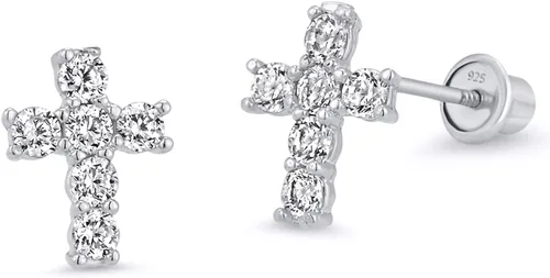 Pendientes de plata de ley 925 bañados en rodio con circonita cúbica y tuerca para bebé niña, Plata Esterlina Plata de ley Circonita cúbica,