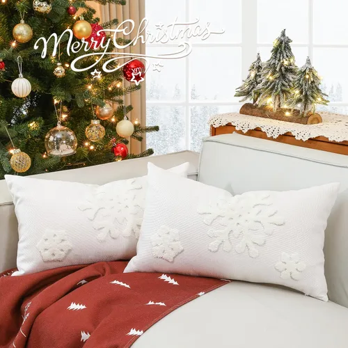 Miniatura 13 de Lewondr Fundas de almohada decorativas de Navidad, bordado de copos de nieve 16x16, fundas de almohada para el hogar, Navidad dorada, decorativas