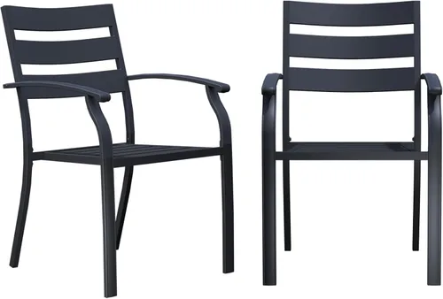 Miniatura 9 de Juego de 2 sillas de comedor para patio, sillas de comedor apilables negras para exteriores, juego de muebles de patio de metal para jardín, patio