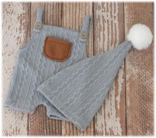 Newborn Photography Props Baby Photoshoots Outfits Boy Photo Posing Romper Hat Crochet Suspender Costume Azul claro