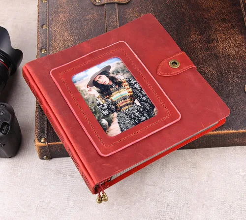 Miniatura 8 de Álbum de fotos de cuero con páginas autoadhesivas, álbum de fotos de cuero a mano, álbum familiar de boda, capacidad para fotos de 3 x 5, 4 x 6, 5 x